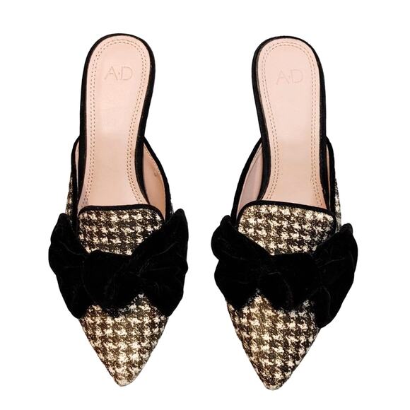 AD & Daughters Shoes - AD & Daughters Velvet Bow Calfskin Houndstooth Kitten Heel Mules Black White US7